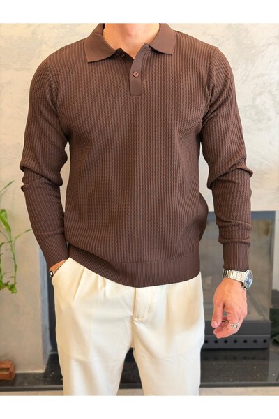 ECARTS Men's Relaxed Fit Button Closure Polo Sweater Bitter Brown Eca090