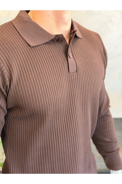 ECARTS Men's Relaxed Fit Button Closure Polo Sweater Bitter Brown Eca090