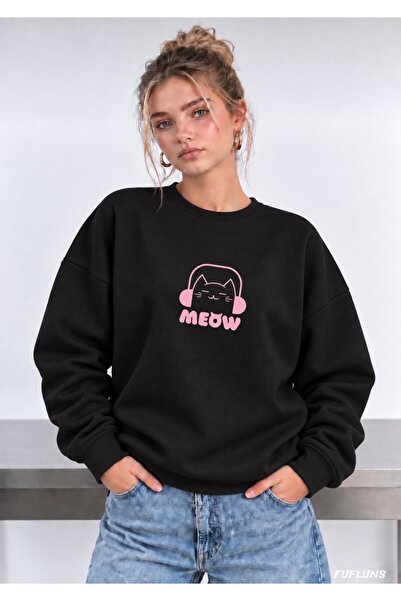 FUFLUNS Meow Printed Oversized Women's Crewneck Sweatshirt
