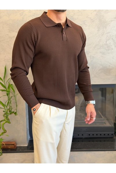 ECARTS Men's Relaxed Fit Button Closure Polo Sweater Bitter Brown Eca090