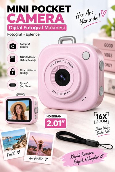 CROW'S TECH Mini Dijital Fotoğraf Makinesi 16X Zoom 2.01" HD Ekran 128GB Destekli Type-C Şarjlı Pocket Kamera