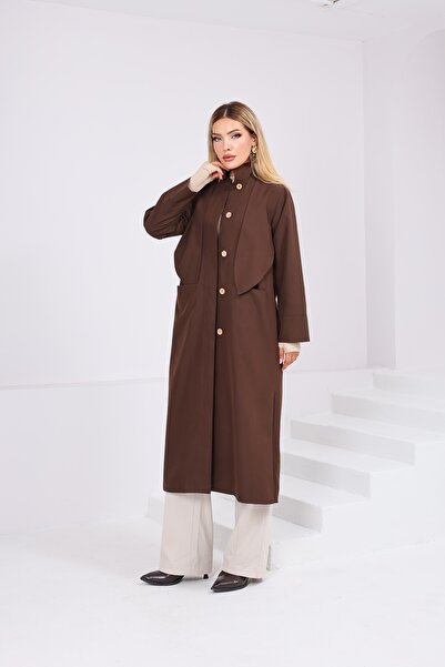 Heggo Women's Long Buttoned Trench Coat Oversize Fit with Stand Collar and Po...