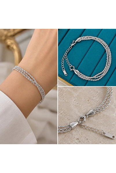 FM 💎   Premium Shiny and Stylish Silver Color 316L Steel Three Row Twisted C...
