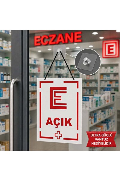 OtantikGiftShop MDF Kapı Tabelası ECZANE Açık Kapalı Çift Yönlü Mağaza Dükkan...