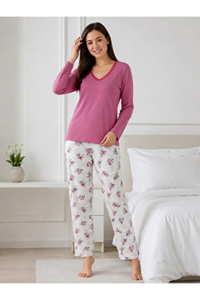 Serena Pijama de Damă cu Bluză și Pantalon Alb cu Imprimeu Floral- Roz pudra