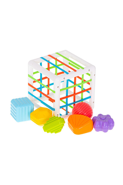 SOLLUXE Cub senzorial Montessori cu benzi elastice și 7 forme colorate, jucărie educativă pentru bebeluși