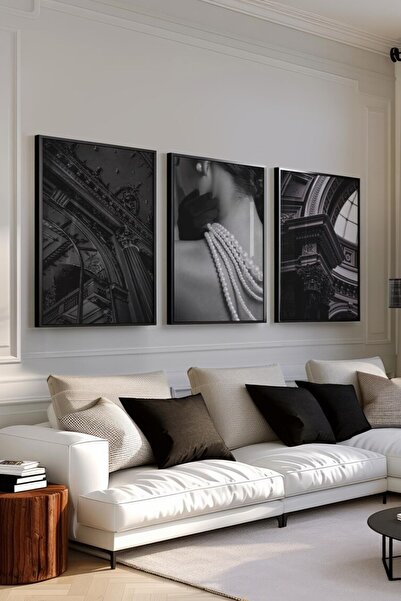 Esci Design Siyah Çerçeveli 3'lü Lüks Siyah Beyaz Tablo Seti - Luxury Black a...