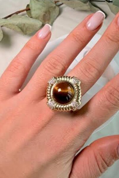 Nazellaa Tiger's Eye Adjustable Gold Framed Ring