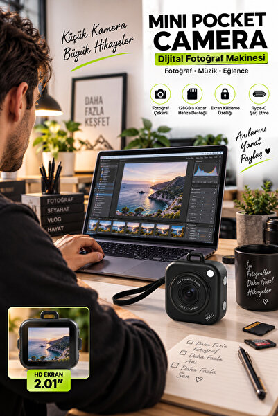 CROW'S TECH Mini Dijital Fotoğraf Makinesi 16X Zoom 2.01" HD Ekran 128GB Destekli Type-C Şarjlı Pocket Kamera