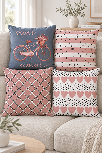 dekomingo Powder Pink Bicycle, Heart and Geometric Patterned Set of 4 Decorat...