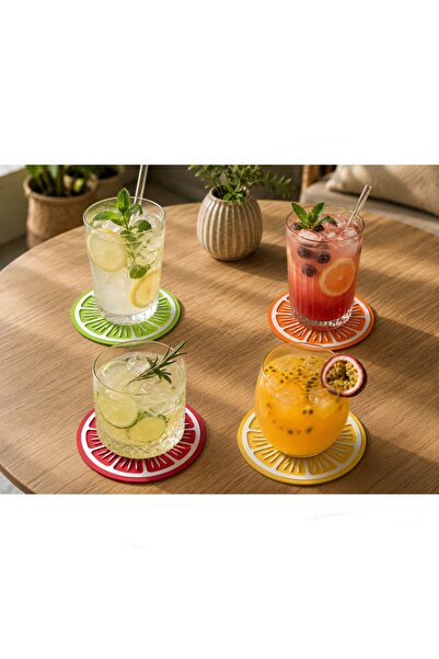 Aksefuar Lazer 4 Pieces of Fruit Slice Coasters 8 cm Plastic Decorative Color...