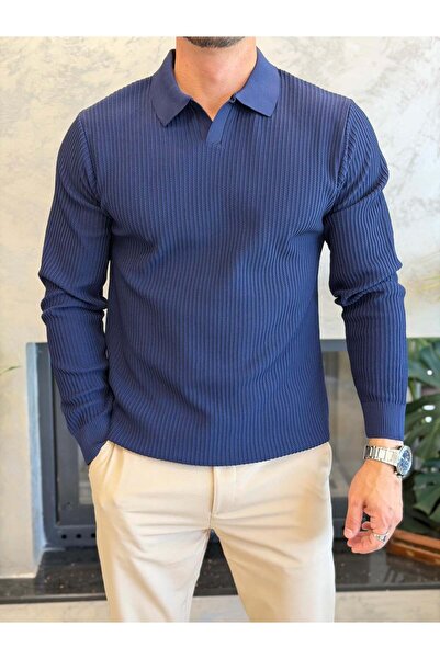 ECARTS Men's Relaxed Fit No-Closure Polo Sweater Navy Blue Eca092