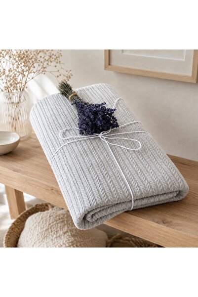 Pucioasa Pled tricotat din bumbac 160x220cm, gri deschis, model spic