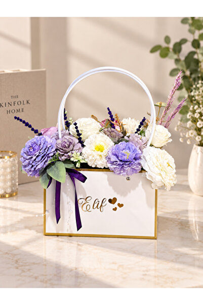 İsimli Lila & Beyaz Yapay Çiçekli Dekoratif Çanta Aranjmanı 🌸