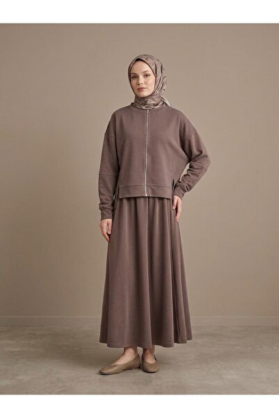 Foremia Slit Detail Zippered Fake Cuff Skirt Suit - Light Brown