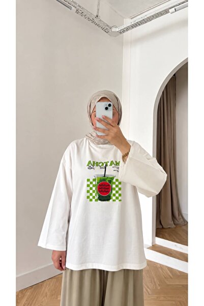 QUWİQ Kadın %100 Pamuk Oversize Baskılı Uzun Kollu T-Shirt