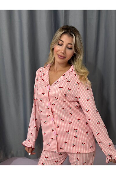 BUTİK PİCAMA Pembe Ekose Ve Kiraz Desenli Bürümcük Kumaş Düğmeli Uzun Kollu P...