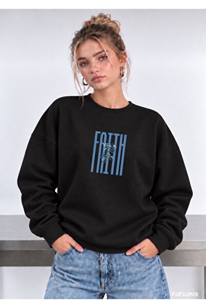 FUFLUNS Γυναικείο φούτερ με στάμπα FAITH, oversized, με λαιμόκοψη ποδηλάτου