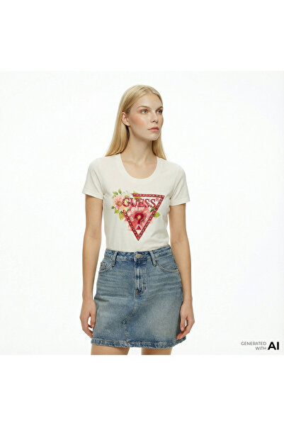 Guess Triangle Beads Mid Organic Kadın Beyaz T-Shirt