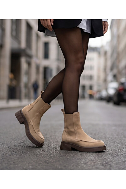 futsi shoes FREYA Camel Hakiki Süet Deri Lastikli Kalın Taban Günlük Şık Kadı...