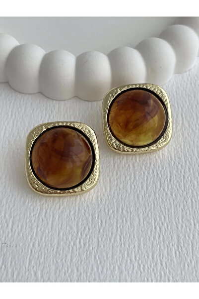Luparadis Special Series Brown Acrylic Stone Patterned Square Design Gold Ear...
