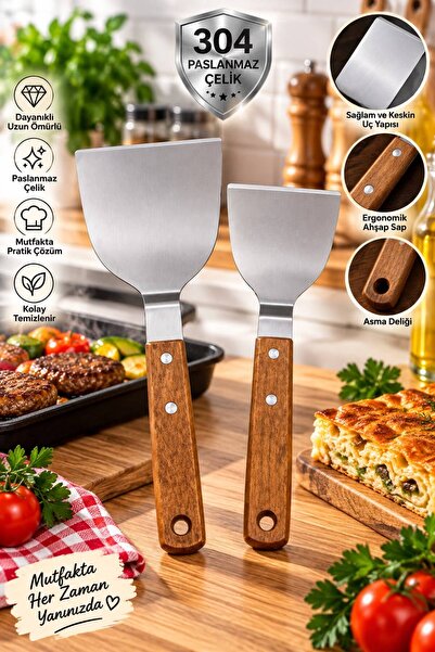 Senz Ahşap Saplı 304 Kalite Paslanmaz Çelik 2'li Spatula Börek Hamburger Tatl...