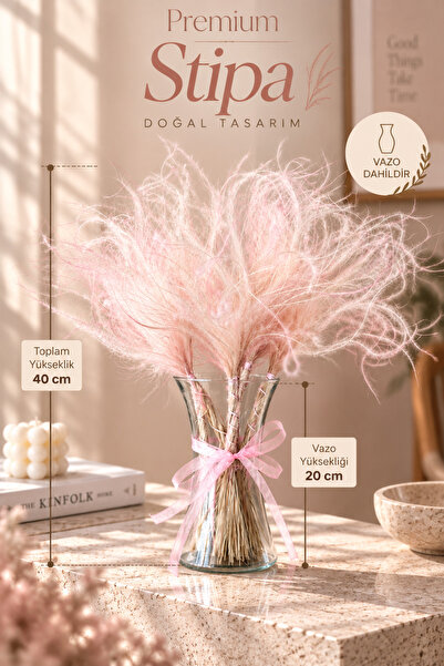 Kuru Çiçek Deposu Premium Toz Pembe Stipa Cam Vazolu Doğal Kuru Çiçek Aranjma...
