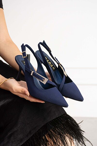 dabab shoes Merva Women's Navy Blue Satin Pointed Toe Stone Buckle Detailed C...