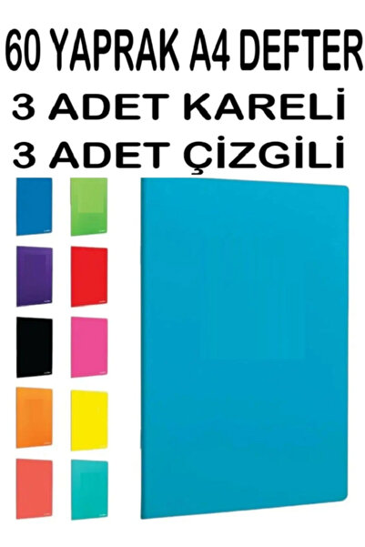 60 Yaprak A4 Defter Seti - 3 Adet Kareli + 3 Adet Çizgili (Karışık Renkler)