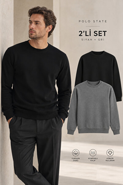 Polo State Erkek 2’li Set Bisiklet Yaka Basic Sweatshirt Siyah & Antrasit