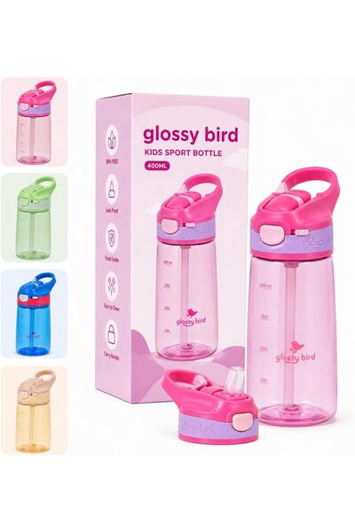 Glossy Bird Kids Water Bottle 400ml with Straw, Leak-Proof Flip Top Lid, BPA-...