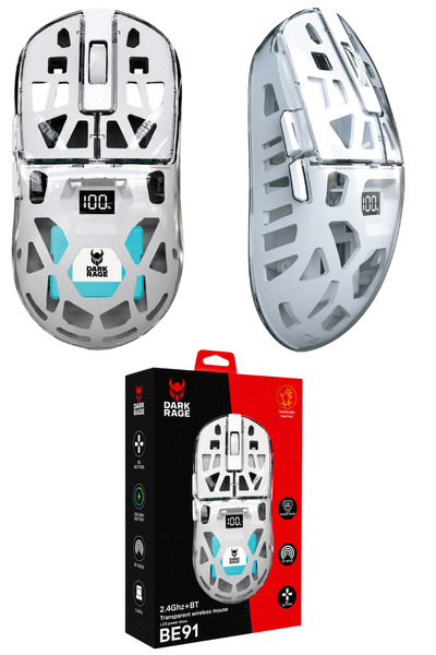 DarkRage Ultra Hafif Saydam Özel Tasarım Kablosuz Oyuncu Mouse – LCD Ekran, 2.4Ghz+BT5.0+Kablo Triple Mode 1600 DPI, 300mAh