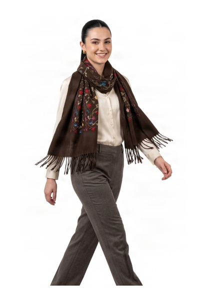 DACSHOP Luxury women’s scarf with colourful brown embroidery
