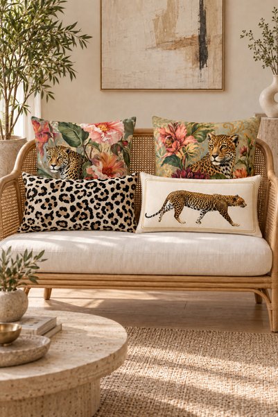 dekomingo Aura Leopard and Floral Patterned Decorative Throw Pillow Covers Set of 4 – 2 Square, 2 Rectangular (Double-Sided)