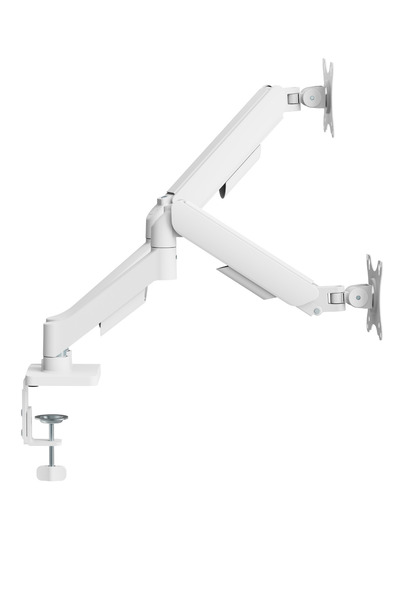 Sarftech Beyaz Premium Metal 17-32'' Çift Kollu Amortisörlü Monitör Kolu Ayarlanabilir Masa Kelepçeli Yaylı Tam Hareketli Monitör Standı