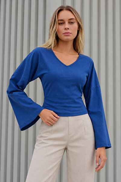 COMBİNE MİCHAİL Women's Stylish Body-Hugging V-Neck Blue Blouse