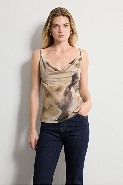 Love My Body Camel Desenli Örme Bluz