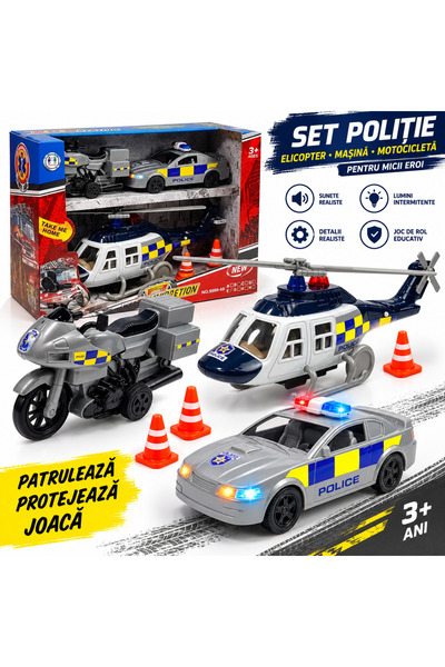LEAN Set Politie Servicii Speciale cu Elicopter, Masina si Motocicleta, gri, ...