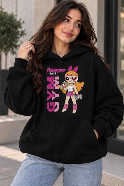 Joetsu Women's Oversize Cartoon Character Printed Hooded Sweatshirt with Kang...