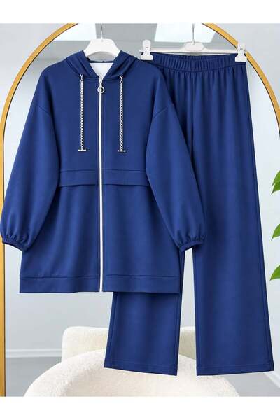 modasindoma Women's Hijab Metal Chain Detailed Hooded Suit Navy Blue