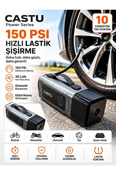 CASTU CS89 PLUS MAX 18000 MAH Araç Süpürgeli Akü Takviyeli Hava Kompresörü Şarjlı Powerbankli Göstergeli Araç Lastik Şişirme