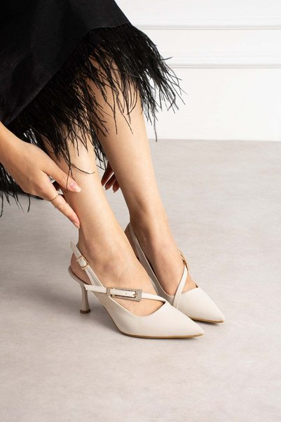 dabab shoes Merva Women's Beige Satin Pointed Toe Stone Buckle Detailed Cross-Strapped 7 cm Thin Heeled Slingback Evening Dress Shoes