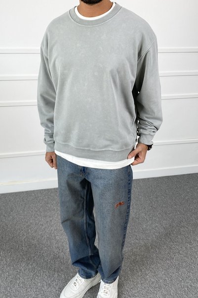 Alışveriş Sokağı Day Baskılı Yıkamalı Bisiklet Yaka Oversize Sweatshirt | STK2082-Sweatshirt