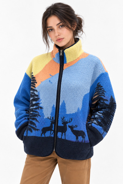 Mixray 4981 Kadın Gece Manzaralı Cepli Yumuşak Dokulu Polar Sweatshirt