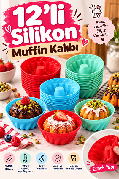 PLASTMARKET 12'li Silikon Göbekli Mini Muffin - Cupcake Pişirme Kalıbı Karışı...