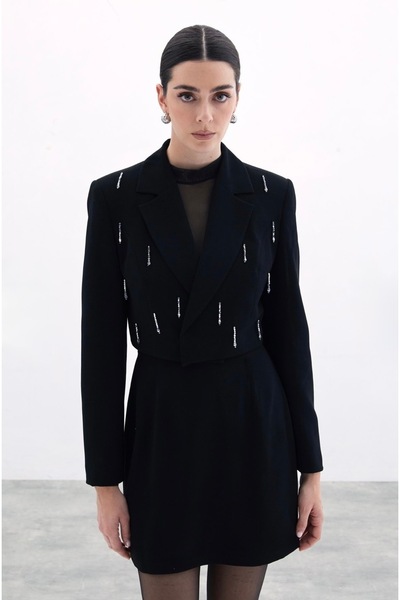 Selene Studıo Lumière Kadın Siyah Taş Detaylı Crop Blazer Ceket