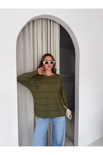D LAVELLA Kadın Haki Ajurlu Triko Kazak Bisiklet Yaka Oversize Relaxed 36/44 ...