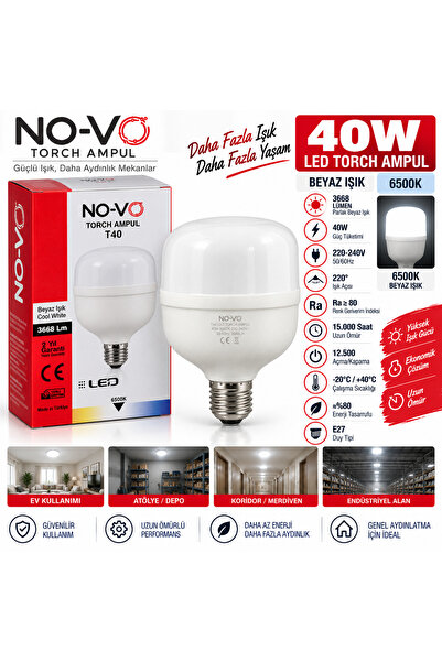 No-vo 40W T40 LED Torch Ampul E27 6500K Beyaz Işık 3668 Lümen Yüksek Işık Gücü