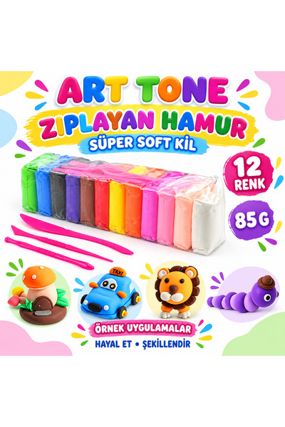 Art Tone Zıplayan Hamur Süper Soft Kil 12 Renk 85 G Şekillendirme Aparatlı Oyun Hamuru Seti Hava ile kuruyan