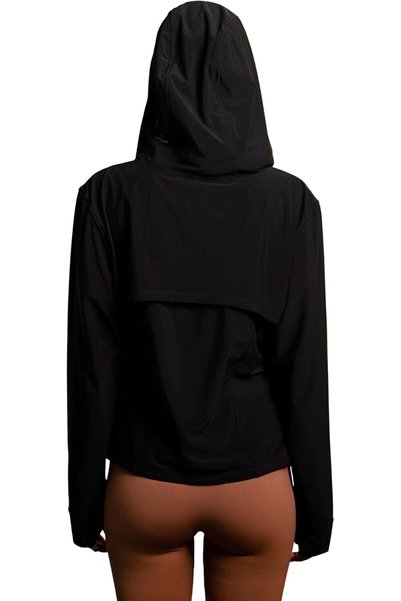 Okapi Sport with Hat Coat Black | Women's Active Zipper Jacket | Gym Beach Coverup